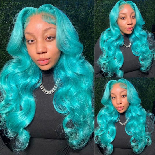 13x6 Teal Ocean Blue Lace Front Wig Human Hair Body Wave 613 Blonde Lace Frontal Wig Preplucked Mint Green Color Human Hair Wigs - Duce Closet