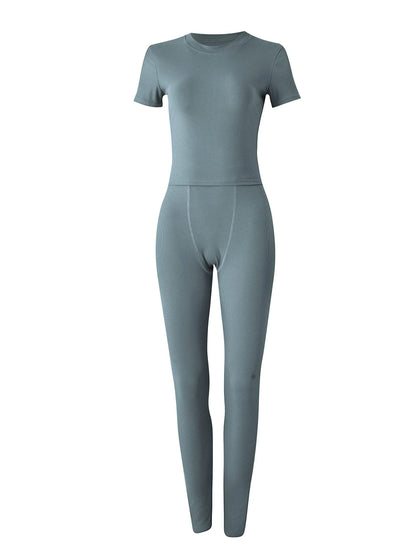 New style Lounge Wear Ribbed Casual 2 Piece Summer Shorts Set For Women Sleeve Top+Elastic Leggings Outfits - Duce Closet