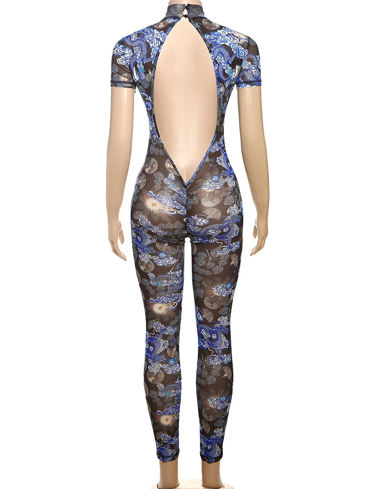 Nibber Colorful Print Jumpsuit Women Mesh  See Through Coquette Summer Backless Peach Buttocks Tight Activity Clubwear Overalls - Duce Closet