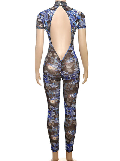 Nibber Colorful Print Jumpsuit Women Mesh  See Through Coquette Summer Backless Peach Buttocks Tight Activity Clubwear Overalls - Duce Closet