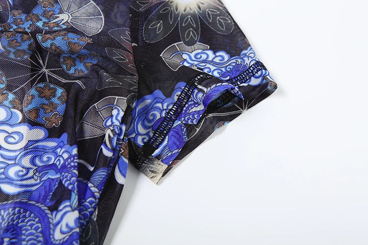 Nibber Colorful Print Jumpsuit Women Mesh  See Through Coquette Summer Backless Peach Buttocks Tight Activity Clubwear Overalls - Duce Closet