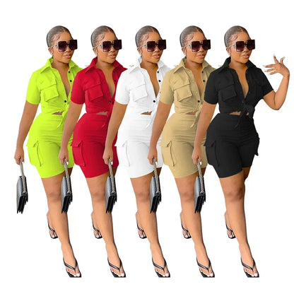 Streetwear Two Piece Set for Women Summer Outfits Pockets Short Sleeve Button-Up Shirt Top Short Sets Party Club Matching Sets - Duce Closet