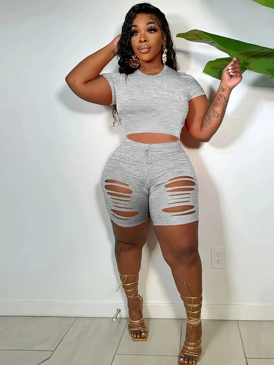 Plus Size Solid Two-piece Set Crew Neck Short Sleeve Top & Cut Out Shorts Outfits Women's Plus Size Clothing - Duce Closet