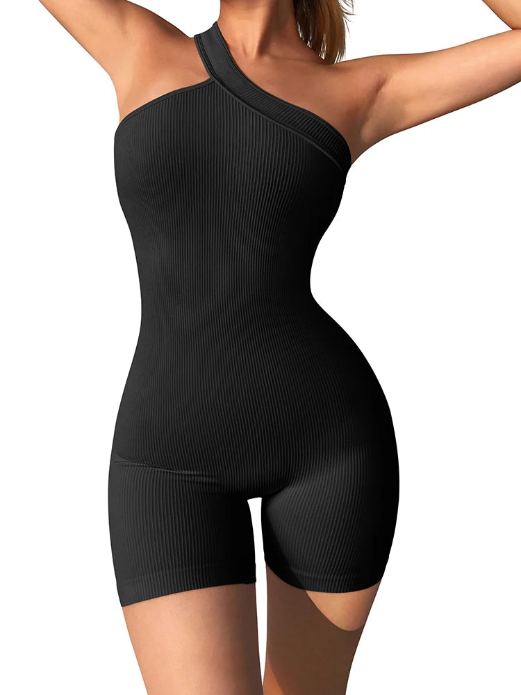 Women's Yoga Rompers One Piece Tummy Control Seamless Ribbed Jumpsuit One Shoulder One Piece Fashion Fitness Sportwear - Duce Closet