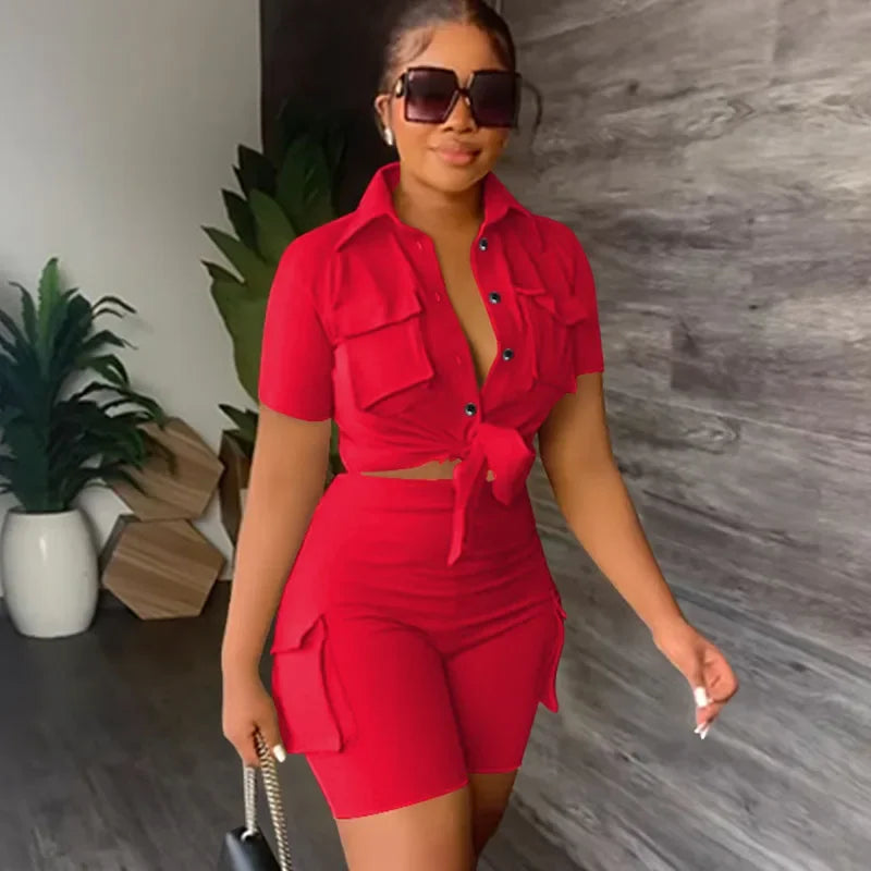 Streetwear Two Piece Set for Women Summer Outfits Pockets Short Sleeve Button-Up Shirt Top Short Sets Party Club Matching Sets - Duce Closet