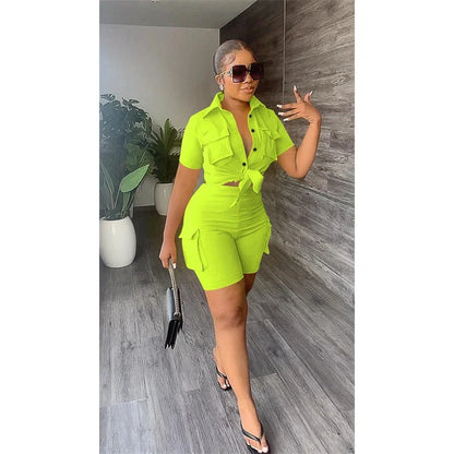 Streetwear Two Piece Set for Women Summer Outfits Pockets Short Sleeve Button-Up Shirt Top Short Sets Party Club Matching Sets - Duce Closet