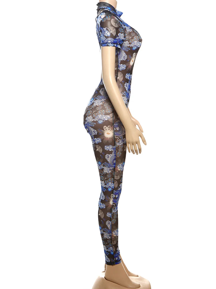 Nibber Colorful Print Jumpsuit Women Mesh  See Through Coquette Summer Backless Peach Buttocks Tight Activity Clubwear Overalls - Duce Closet
