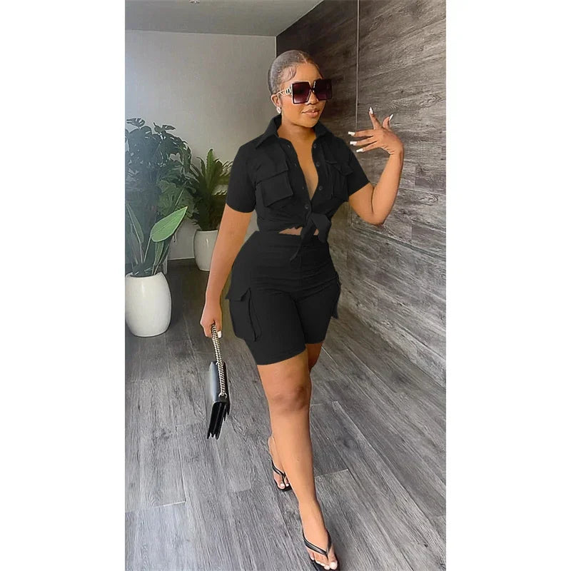 Streetwear Two Piece Set for Women Summer Outfits Pockets Short Sleeve Button-Up Shirt Top Short Sets Party Club Matching Sets - Duce Closet