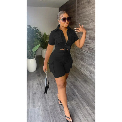 Streetwear Two Piece Set for Women Summer Outfits Pockets Short Sleeve Button-Up Shirt Top Short Sets Party Club Matching Sets - Duce Closet