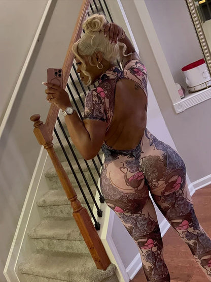 Nibber Colorful Print Jumpsuit Women Mesh  See Through Coquette Summer Backless Peach Buttocks Tight Activity Clubwear Overalls - Duce Closet