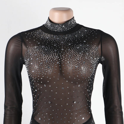 Sexy Party Jumpsuits Women 2024 Autumn Solid Mesh Diamond Fashion Long Sleeve Pants Jumpsuit Clubwear Female Overalls Streetwear - Duce Closet