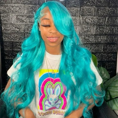 13x6 Teal Ocean Blue Lace Front Wig Human Hair Body Wave 613 Blonde Lace Frontal Wig Preplucked Mint Green Color Human Hair Wigs - Duce Closet