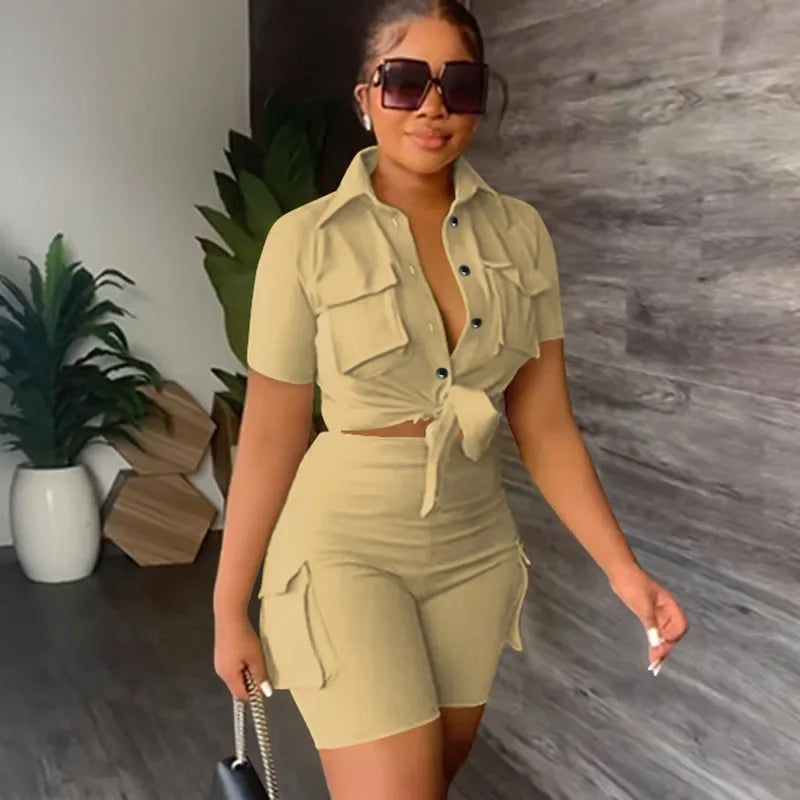 Streetwear Two Piece Set for Women Summer Outfits Pockets Short Sleeve Button-Up Shirt Top Short Sets Party Club Matching Sets - Duce Closet