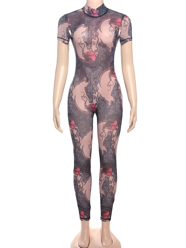 Nibber Colorful Print Jumpsuit Women Mesh  See Through Coquette Summer Backless Peach Buttocks Tight Activity Clubwear Overalls - Duce Closet