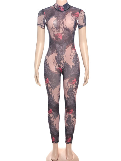 Nibber Colorful Print Jumpsuit Women Mesh  See Through Coquette Summer Backless Peach Buttocks Tight Activity Clubwear Overalls - Duce Closet