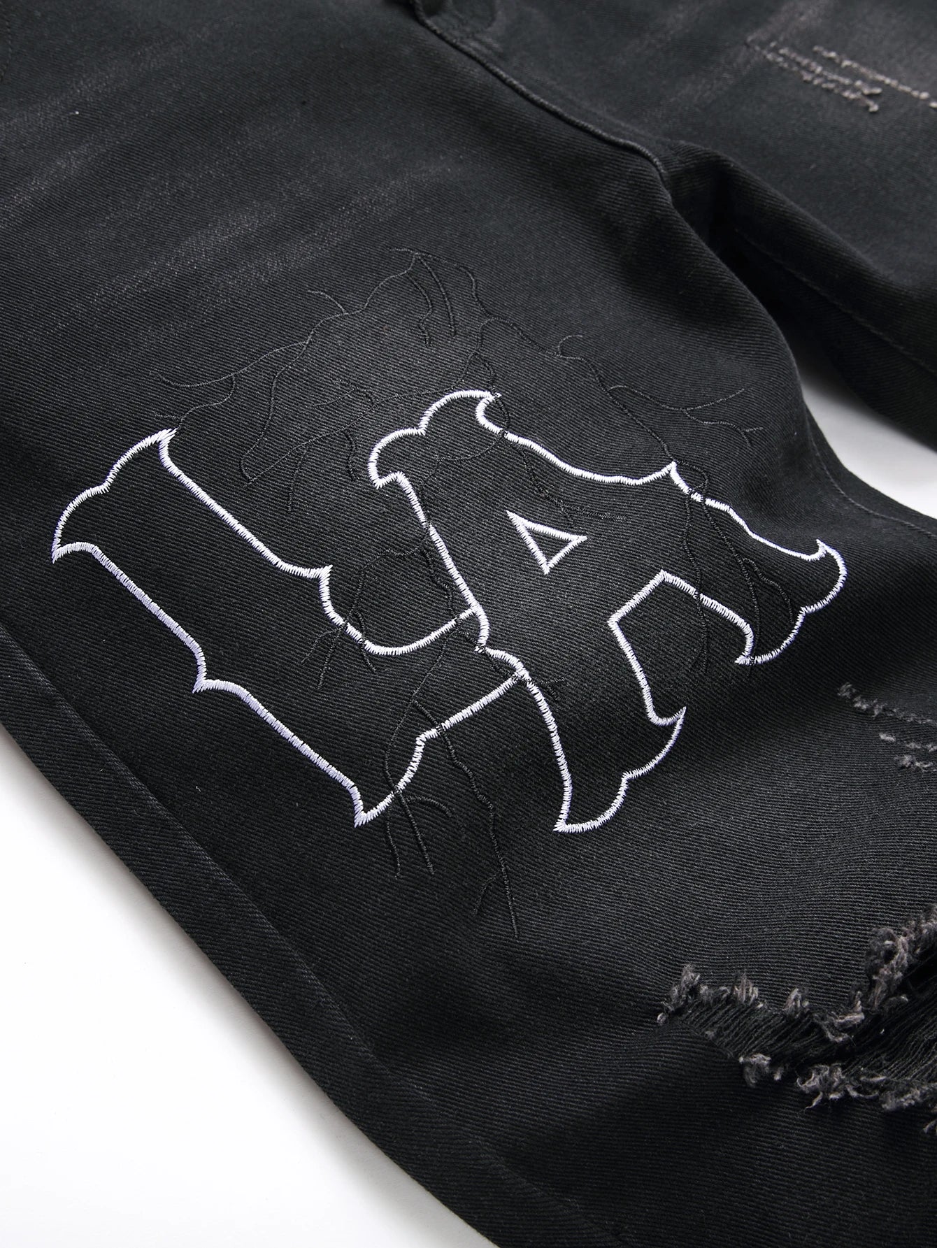 Men's Jeans Black Denim Pants Straight Leg Comfort Mid Waist White Embroidery Casual Streetwear Spring Slim Fit Trousers - Duce Closet