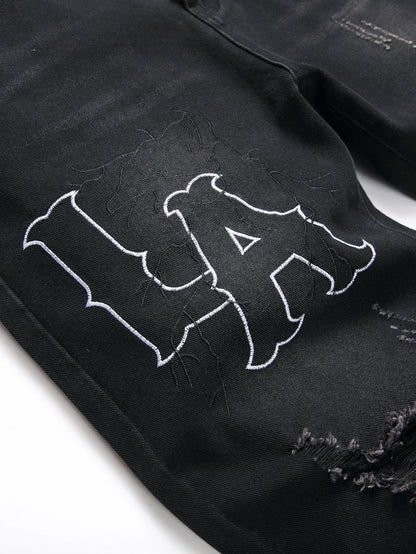 Men's Jeans Black Denim Pants Straight Leg Comfort Mid Waist White Embroidery Casual Streetwear Spring Slim Fit Trousers - Duce Closet