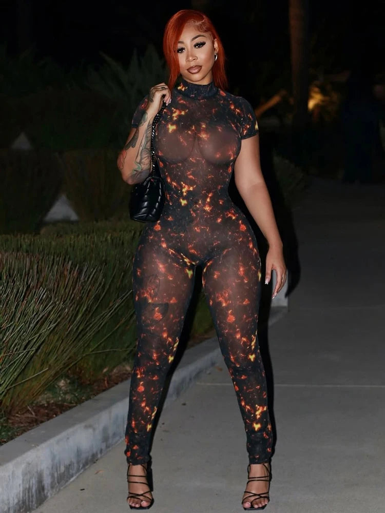 Nibber Colorful Print Jumpsuit Women Mesh  See Through Coquette Summer Backless Peach Buttocks Tight Activity Clubwear Overalls - Duce Closet