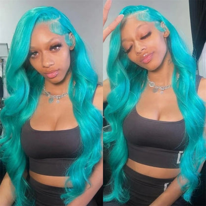 13x6 Teal Ocean Blue Lace Front Wig Human Hair Body Wave 613 Blonde Lace Frontal Wig Preplucked Mint Green Color Human Hair Wigs - Duce Closet