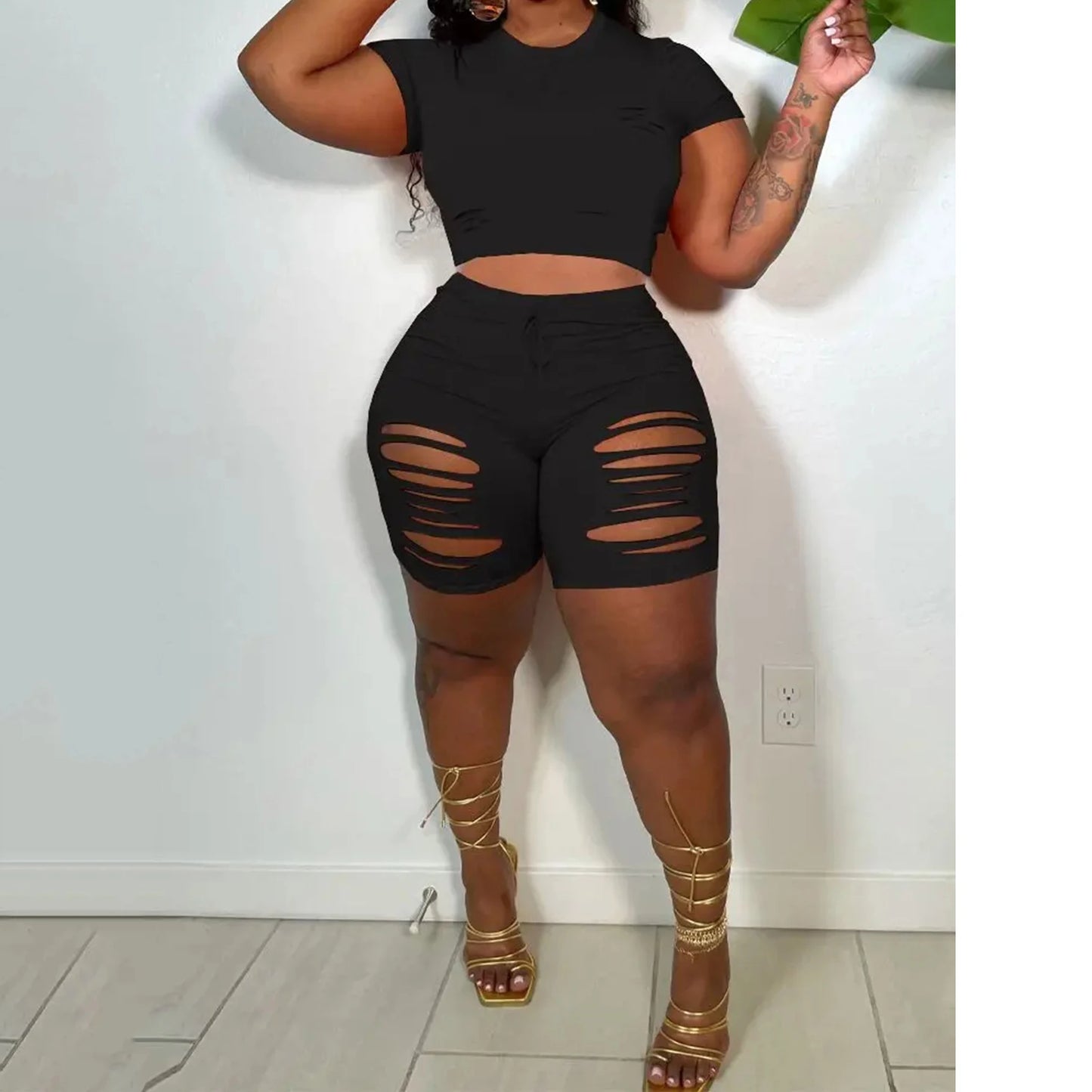 Plus Size Solid Two-piece Set Crew Neck Short Sleeve Top & Cut Out Shorts Outfits Women's Plus Size Clothing - Duce Closet