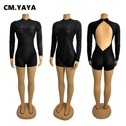 CM.YAYA Women Sexy Party Club Night See Though Leopard Flocking Rompers & Playsuits 2025 Skinny Elastic Fashion One Piece Suits - Duce Closet