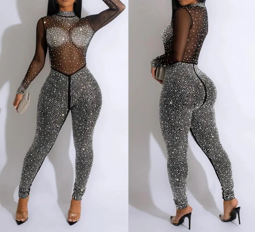 Sexy Party Jumpsuits Women 2024 Autumn Solid Mesh Diamond Fashion Long Sleeve Pants Jumpsuit Clubwear Female Overalls Streetwear - Duce Closet