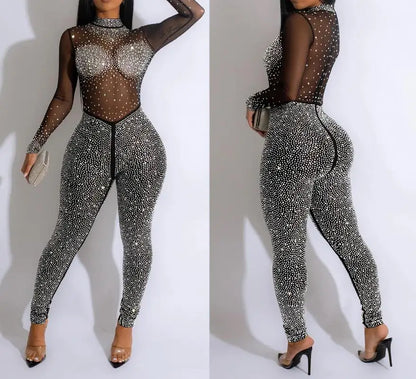 Sexy Party Jumpsuits Women 2024 Autumn Solid Mesh Diamond Fashion Long Sleeve Pants Jumpsuit Clubwear Female Overalls Streetwear - Duce Closet