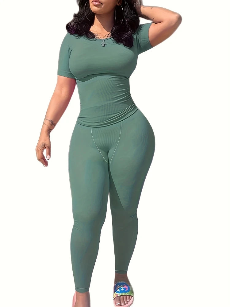 New style Lounge Wear Ribbed Casual 2 Piece Summer Shorts Set For Women Sleeve Top+Elastic Leggings Outfits - Duce Closet