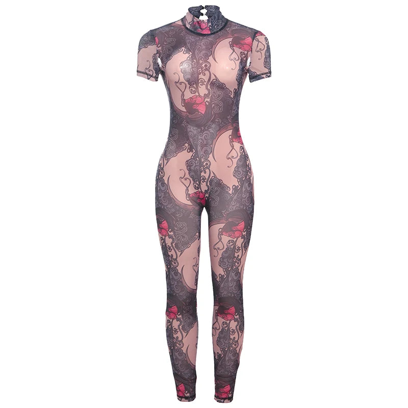 Nibber Colorful Print Jumpsuit Women Mesh  See Through Coquette Summer Backless Peach Buttocks Tight Activity Clubwear Overalls - Duce Closet