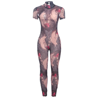 Nibber Colorful Print Jumpsuit Women Mesh  See Through Coquette Summer Backless Peach Buttocks Tight Activity Clubwear Overalls - Duce Closet