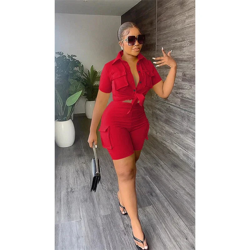 Streetwear Two Piece Set for Women Summer Outfits Pockets Short Sleeve Button-Up Shirt Top Short Sets Party Club Matching Sets - Duce Closet