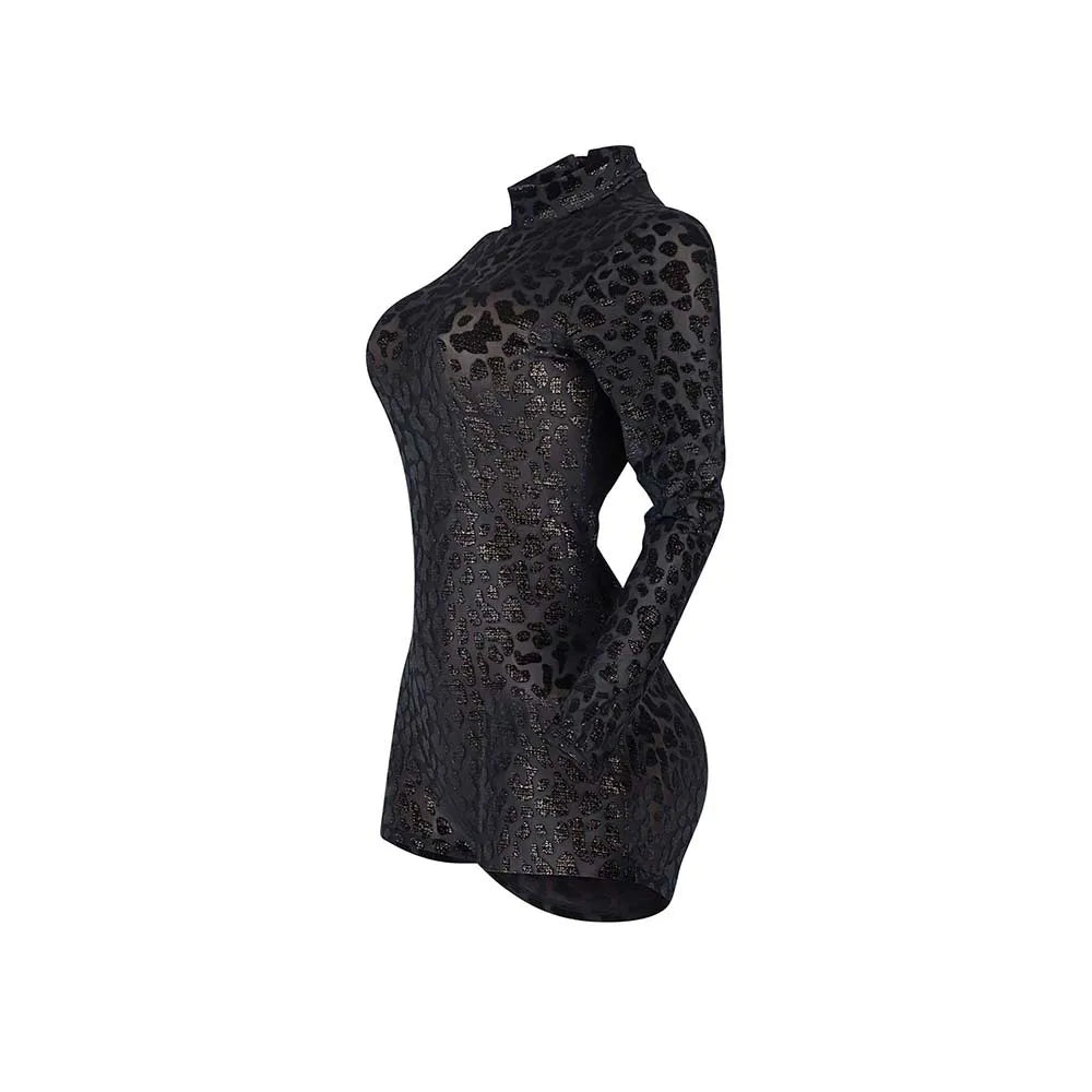 CM.YAYA Women Sexy Party Club Night See Though Leopard Flocking Rompers & Playsuits 2025 Skinny Elastic Fashion One Piece Suits - Duce Closet