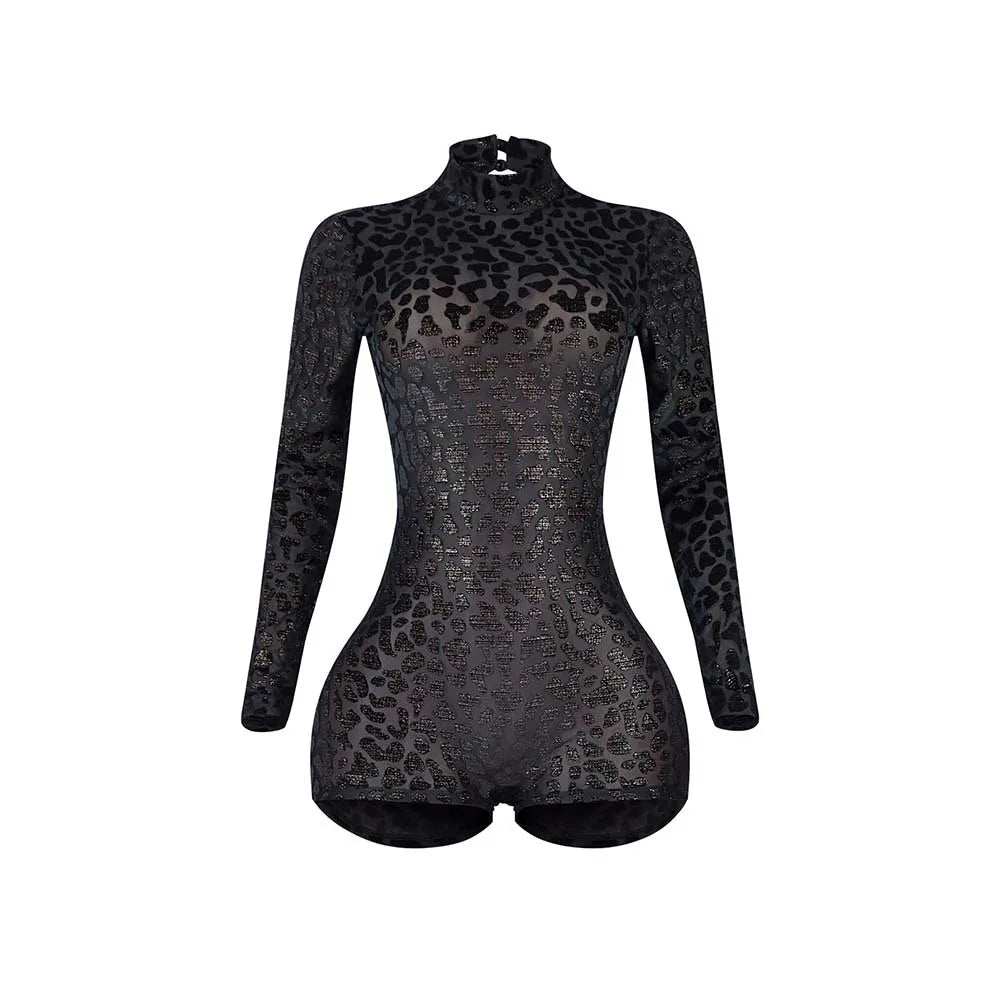 CM.YAYA Women Sexy Party Club Night See Though Leopard Flocking Rompers & Playsuits 2025 Skinny Elastic Fashion One Piece Suits - Duce Closet