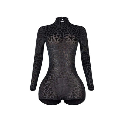 CM.YAYA Women Sexy Party Club Night See Though Leopard Flocking Rompers & Playsuits 2025 Skinny Elastic Fashion One Piece Suits - Duce Closet
