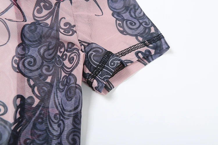 Nibber Colorful Print Jumpsuit Women Mesh  See Through Coquette Summer Backless Peach Buttocks Tight Activity Clubwear Overalls - Duce Closet