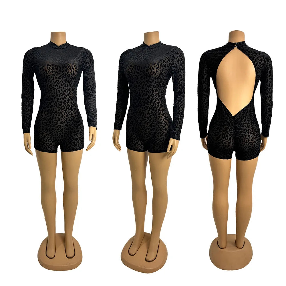 CM.YAYA Women Sexy Party Club Night See Though Leopard Flocking Rompers & Playsuits 2025 Skinny Elastic Fashion One Piece Suits - Duce Closet