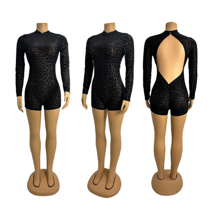 CM.YAYA Women Sexy Party Club Night See Though Leopard Flocking Rompers & Playsuits 2025 Skinny Elastic Fashion One Piece Suits - Duce Closet