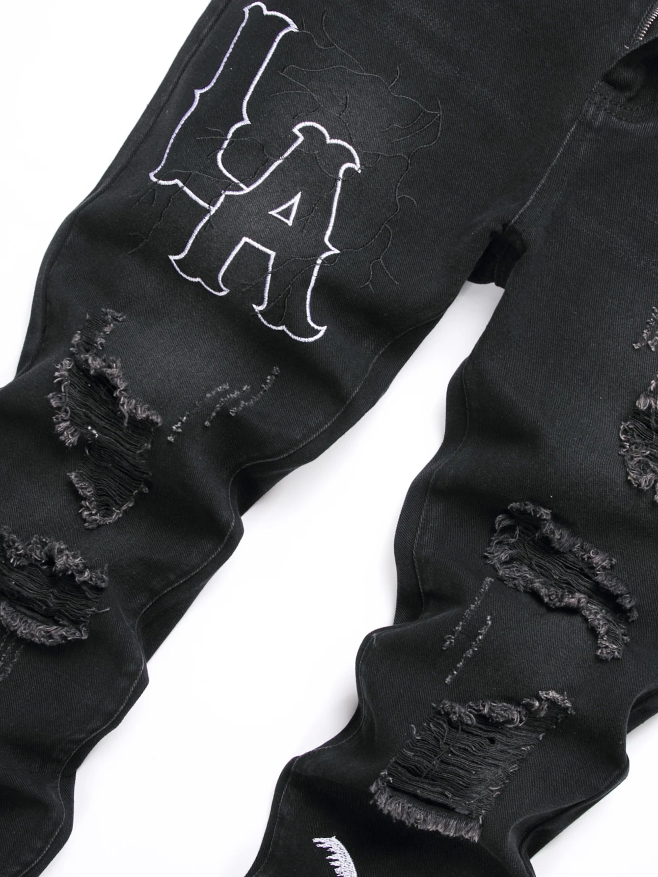 Men's Jeans Black Denim Pants Straight Leg Comfort Mid Waist White Embroidery Casual Streetwear Spring Slim Fit Trousers - Duce Closet