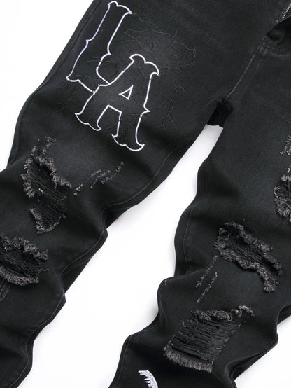 Men's Jeans Black Denim Pants Straight Leg Comfort Mid Waist White Embroidery Casual Streetwear Spring Slim Fit Trousers - Duce Closet