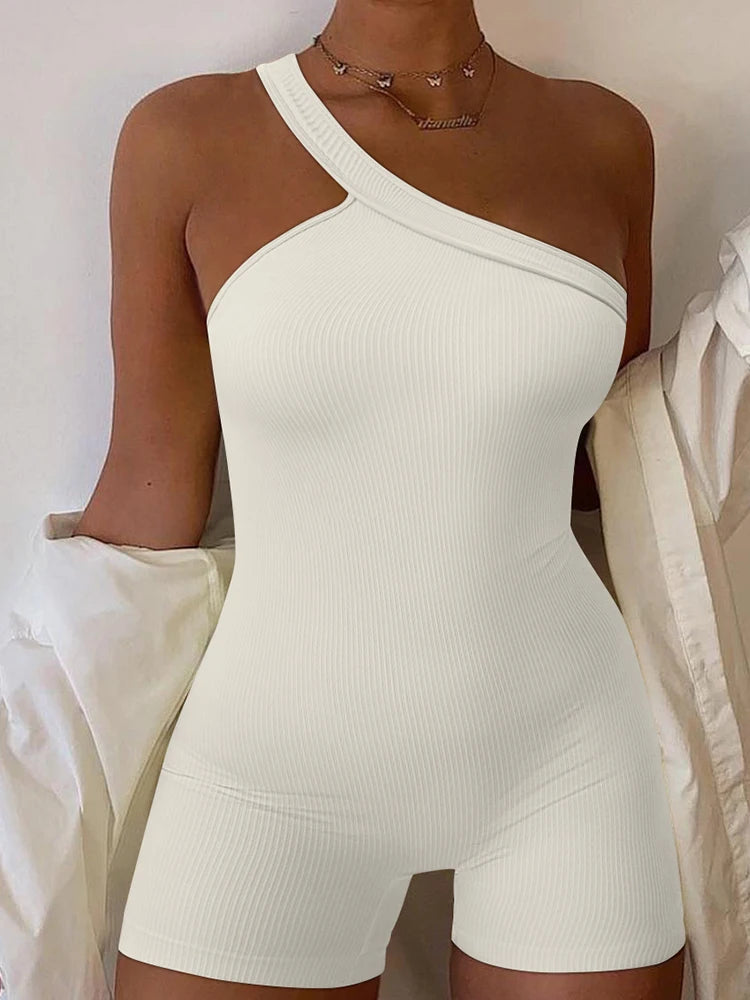 Women's Yoga Rompers One Piece Tummy Control Seamless Ribbed Jumpsuit One Shoulder One Piece Fashion Fitness Sportwear - Duce Closet