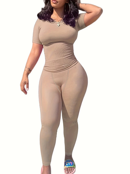 New style Lounge Wear Ribbed Casual 2 Piece Summer Shorts Set For Women Sleeve Top+Elastic Leggings Outfits - Duce Closet