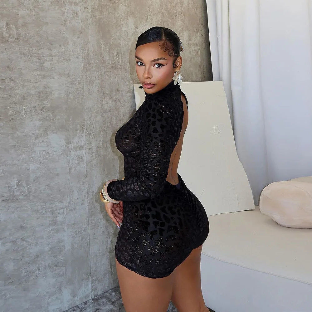 CM.YAYA Women Sexy Party Club Night See Though Leopard Flocking Rompers & Playsuits 2025 Skinny Elastic Fashion One Piece Suits - Duce Closet