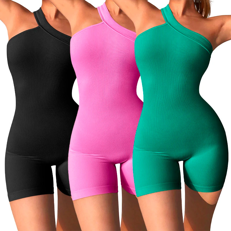 Women's Yoga Rompers One Piece Tummy Control Seamless Ribbed Jumpsuit One Shoulder One Piece Fashion Fitness Sportwear - Duce Closet
