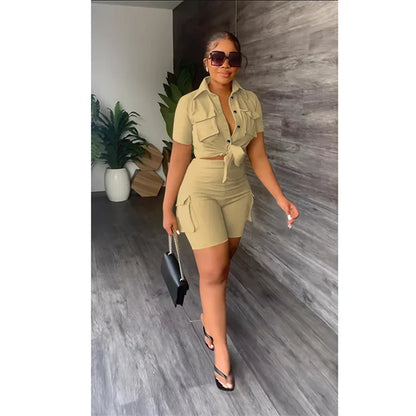 Streetwear Two Piece Set for Women Summer Outfits Pockets Short Sleeve Button-Up Shirt Top Short Sets Party Club Matching Sets - Duce Closet