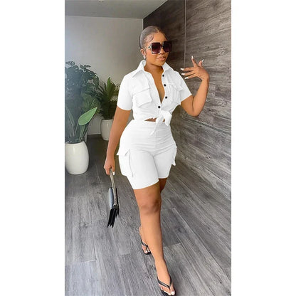 Streetwear Two Piece Set for Women Summer Outfits Pockets Short Sleeve Button-Up Shirt Top Short Sets Party Club Matching Sets - Duce Closet