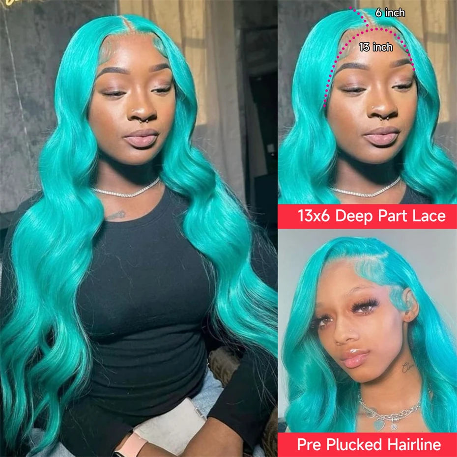 13x6 Teal Ocean Blue Lace Front Wig Human Hair Body Wave 613 Blonde Lace Frontal Wig Preplucked Mint Green Color Human Hair Wigs - Duce Closet