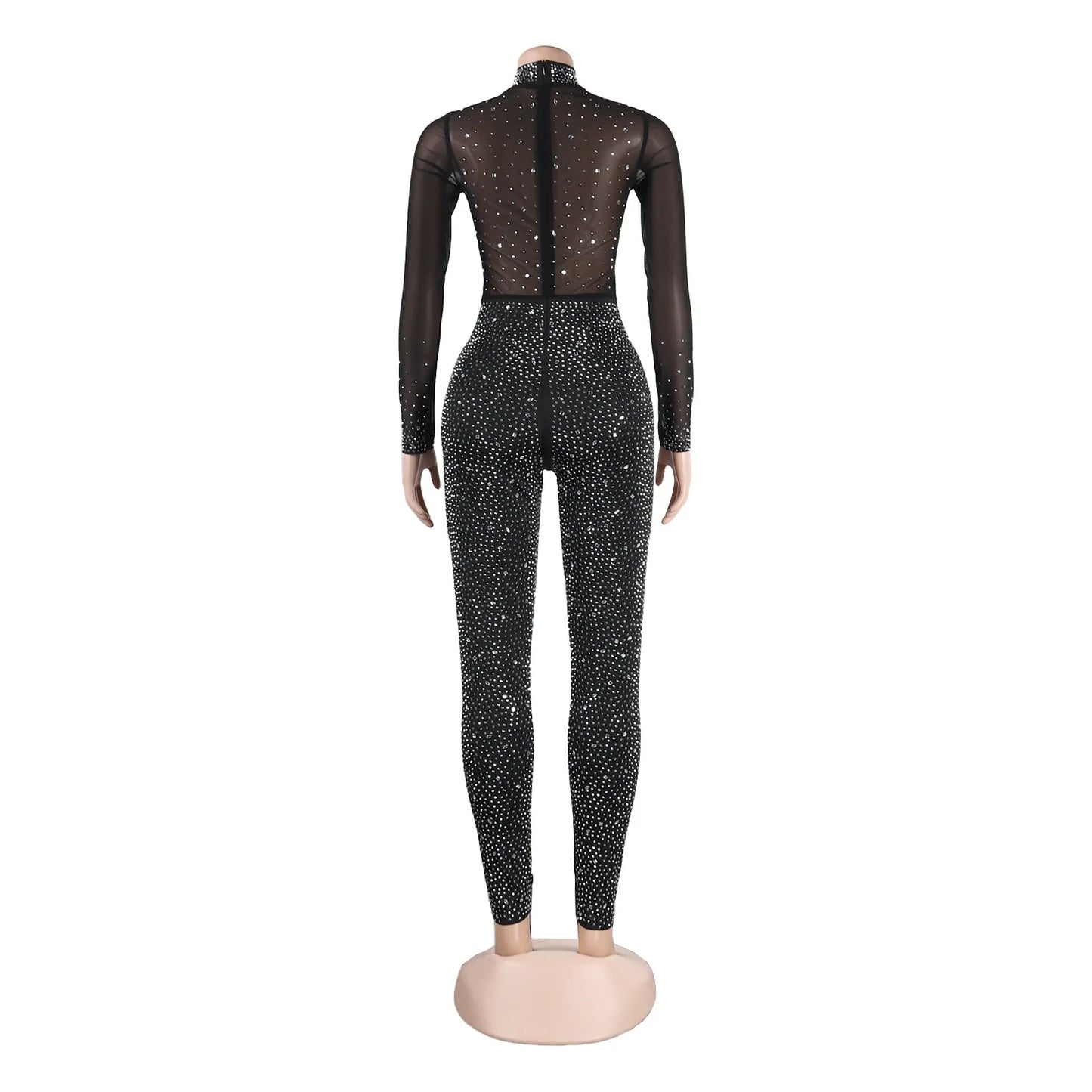 Sexy Party Jumpsuits Women 2024 Autumn Solid Mesh Diamond Fashion Long Sleeve Pants Jumpsuit Clubwear Female Overalls Streetwear - Duce Closet