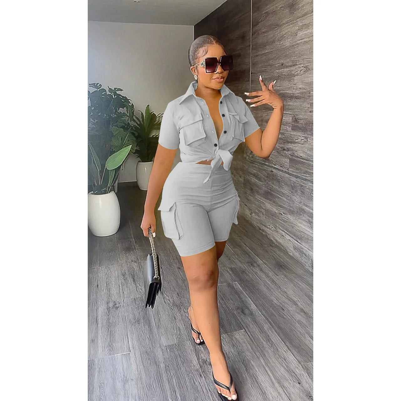 Streetwear Two Piece Set for Women Summer Outfits Pockets Short Sleeve Button-Up Shirt Top Short Sets Party Club Matching Sets - Duce Closet