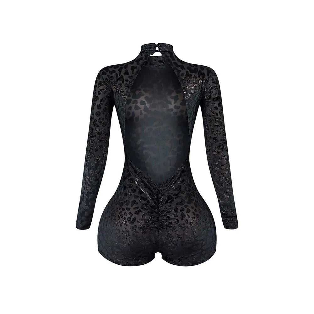 CM.YAYA Women Sexy Party Club Night See Though Leopard Flocking Rompers & Playsuits 2025 Skinny Elastic Fashion One Piece Suits - Duce Closet