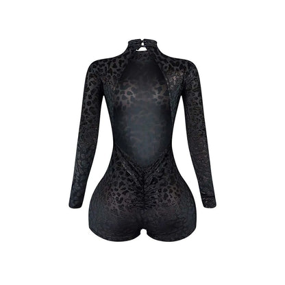 CM.YAYA Women Sexy Party Club Night See Though Leopard Flocking Rompers & Playsuits 2025 Skinny Elastic Fashion One Piece Suits - Duce Closet